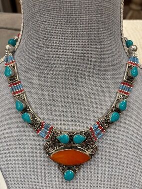 Bohemian Turquoise & Amber silver plated Statement Necklace